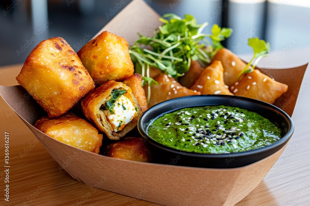 Crispy fried Indian snacks with paneer and chutney dipping sauce