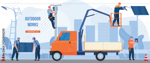 Group of electricians engaged in outdoor electrical tasks, using a van and equipment for installations.