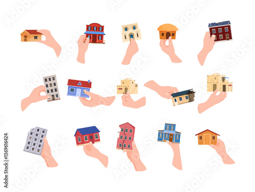 Display of various house models being held in hands showcasing different architectural styles and designs