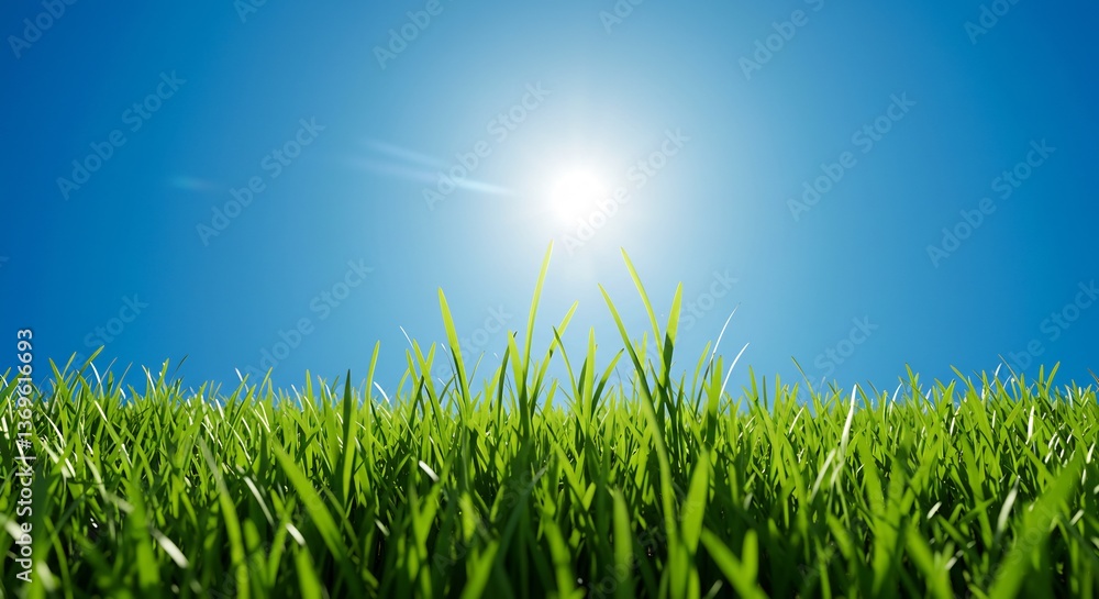 Fototapeta premium Vibrant green grass stretches towards a bright sun shining in a clear blue sky.. AI Generated