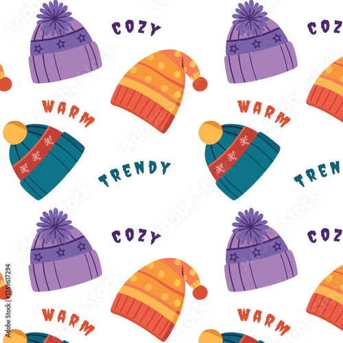 Seamless fashion pattern with images of hats in bright colors