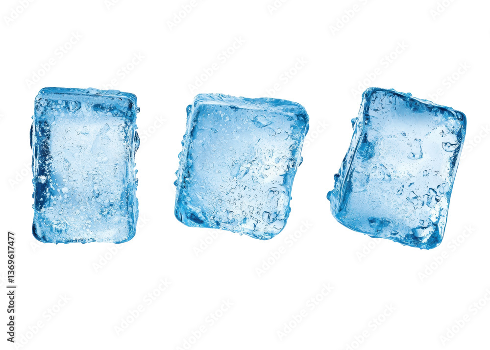 Three ice cubes on a transparent background. Concept of freshness, cold, and summer. Three ice cubes on a transparent background. Concept of freshness, cold, and summer.