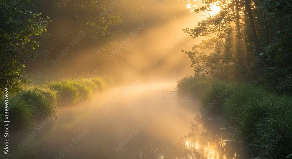 Naklejka premium Golden sunrise gently illuminates misty river path. AI Generated