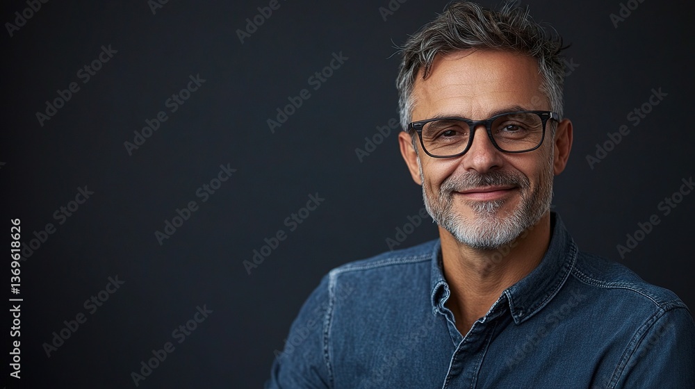 Fototapeta premium Smiling Mature Man in Glasses Posing for Portrait with Dark Background