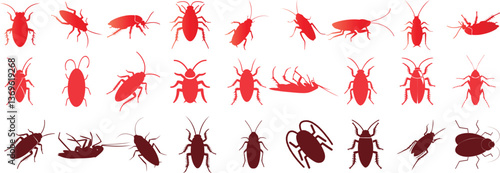Red cockroach silhouette vector set for pest control design. Versatile insect illustrations for educational, exterminator, or hygiene projects.