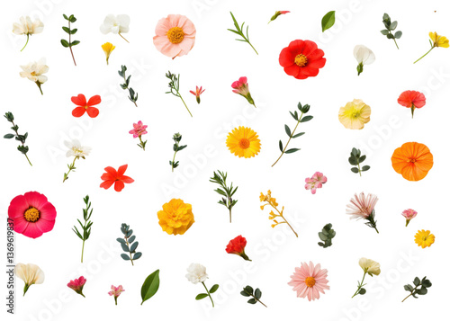 Wallpaper Mural Floral flat lay with colorful flowers and green leaves on a transparent background. Perfect for spring, summer, and botanical themes. Torontodigital.ca