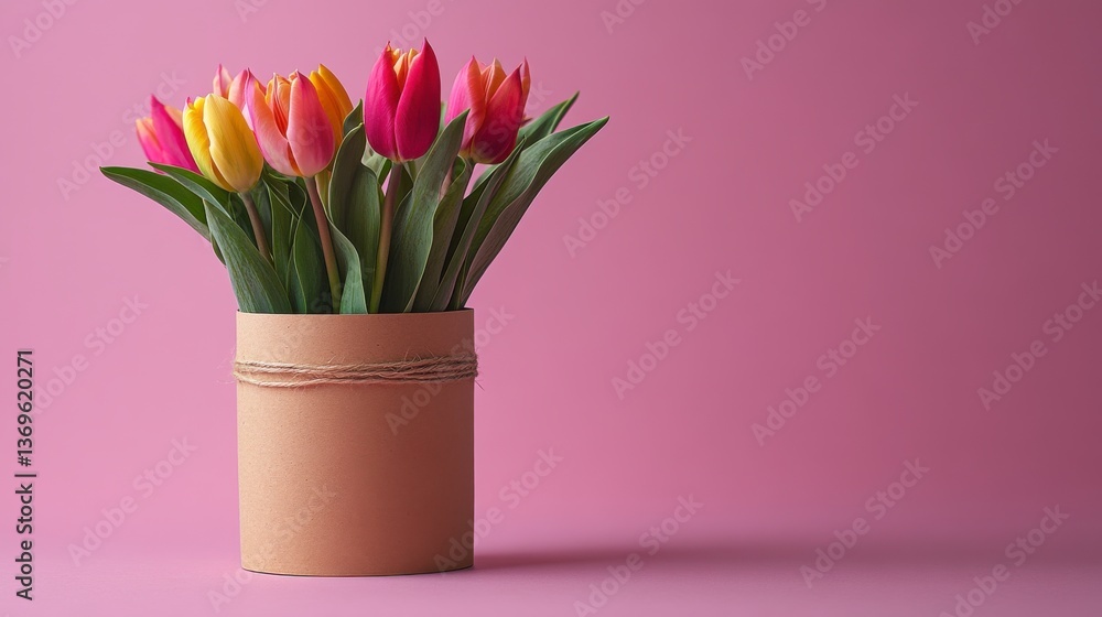 Fototapeta premium Tulip Bouquet in Kraft Paper Vase with Vivid Colors against Pink Background Showing Pixelation and Artificial Look Close Up