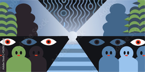 A medley of vivid shapes and conceptual faces.