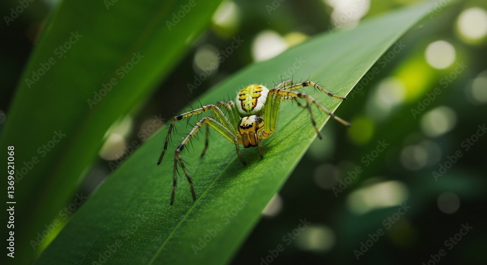 Fototapeta premium Vibrant green spider calmly perched on lush leaf soft light. AI Generated