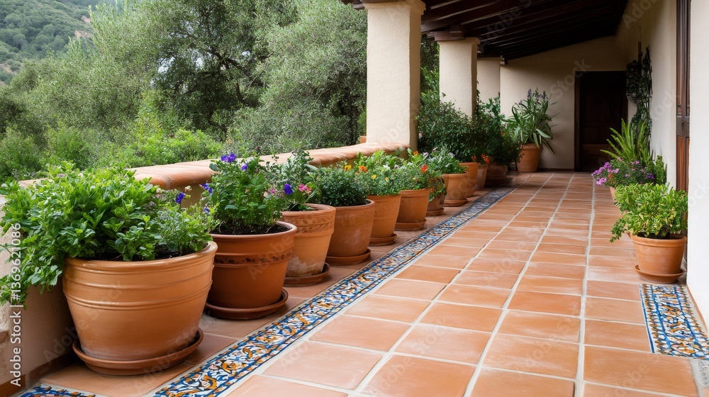 Fototapeta premium Terracotta pots decorating a tiled terrace under a porch