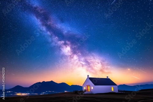 Milky way illuminating small church on a hill at sunset