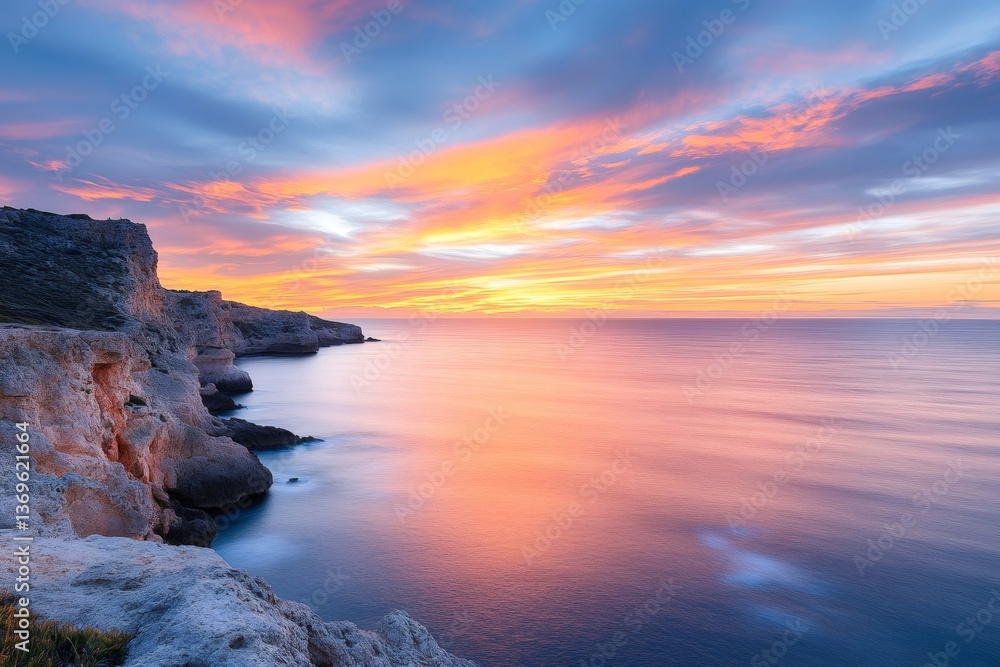 Obraz premium Colorful sunrise illuminating calm ocean and rocky coastline