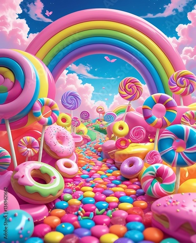 Fantasy candyland with colorful rainbows, lollipops, donuts, and vibrant candy balls, creating a dreamy, whimsical, and playful wonderland full of sweets and imagination

