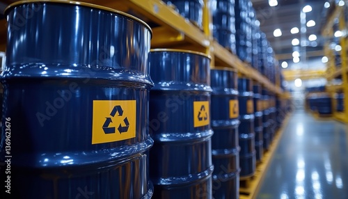 A row of blue barrels with recycling symbols, neatly arranged on shelves in a warehouse, highlighting industrial storage and environmental focus.