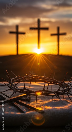 Crown of thorns and nails with three crosses at sunset