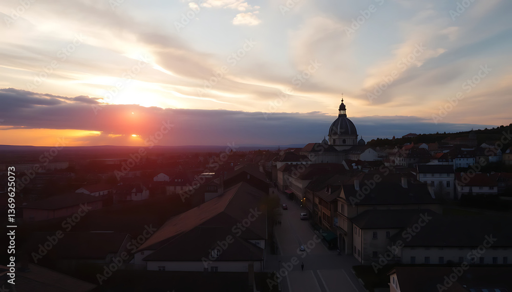 Obraz premium Aerial view of a European town at sunset, showcasing a church dome and picturesque buildings bathed in golden light.