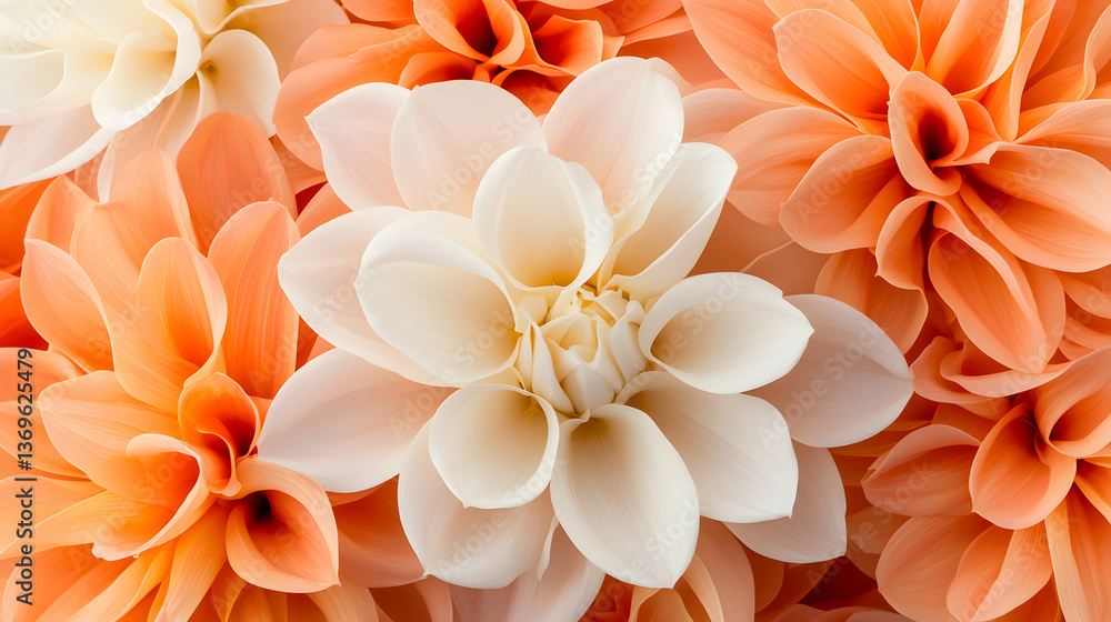 Closeup of White and Orange Dahlia Blossoms Closeup of White and Orange Dahlia Blossoms