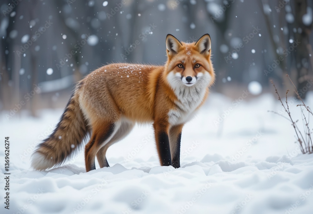 Fototapeta premium Red fox standing gracefully in a snowy forest during winter season