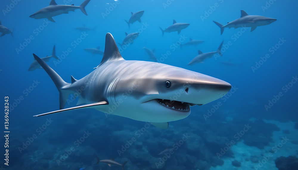 Naklejka premium Magnificent Great White Shark Underwater Scene with a School of Smaller Sharks in the Background