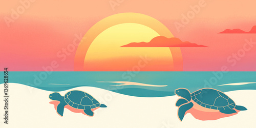 Minimal illustrations of a baby turtle in the sea beach, orange and tosca color pallete