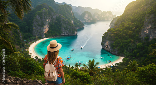 Fototapeta Naklejka Na Ścianę i Meble -  Tropical Summer Escape – Female Traveler Enjoying Stunning Island View from a Scenic Cliff