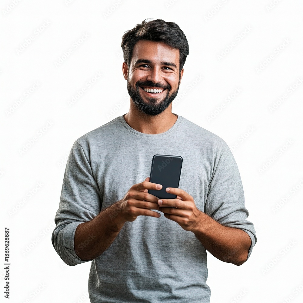 Happy man smiling and using mobile phone in isolated setting Happy man smiling and using mobile phone in isolated setting