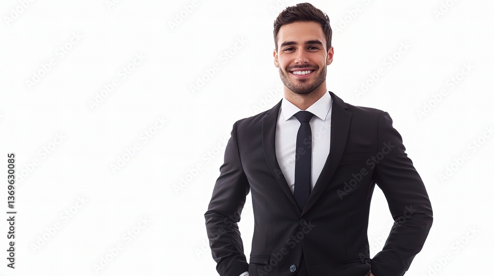 Confident Businessman in Dark Suit Standing with a Smile Confident Businessman in Dark Suit Standing with a Smile