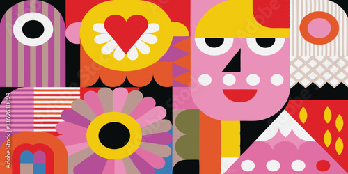 An assemblage of bright shapes and indistinct facial figures
