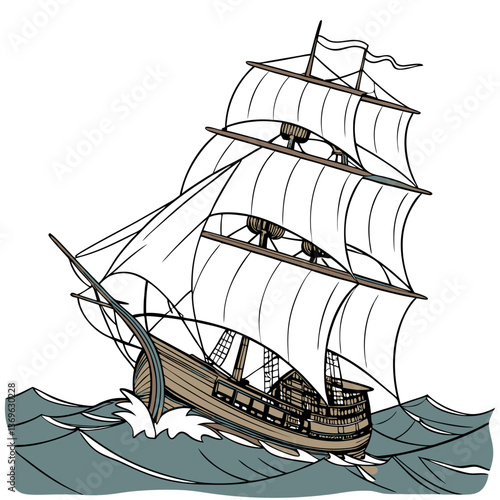 Adobe IllustrHighly Detailed Vector Illustration of a Traditional Sailing Ship with Billowing Sails and Ocean Wavesator Artwork