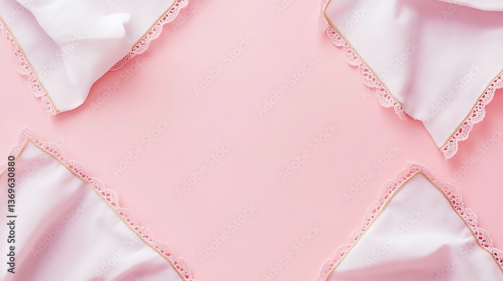 Four White Silk Napkins With Pink Lace Border On Pink Surface Four White Silk Napkins With Pink Lace Border On Pink Surface