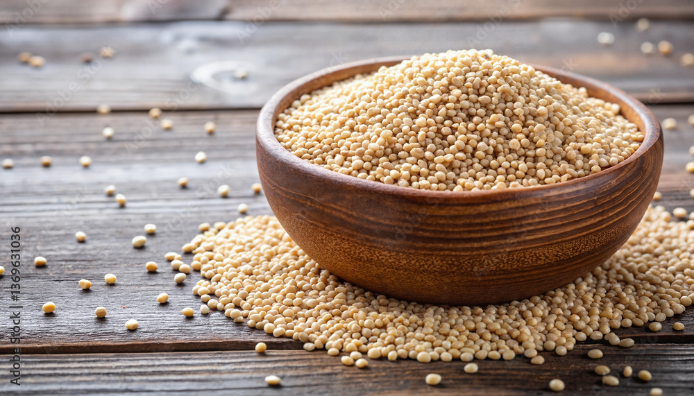 Raw amaranth seeds in wooden bowl on rustic wooden background Raw amaranth seeds in wooden bowl on rustic wooden background