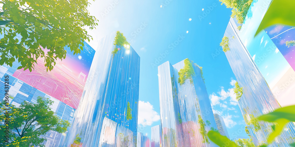 A sustainable cityscape with renewable energy, glowing holographic signs