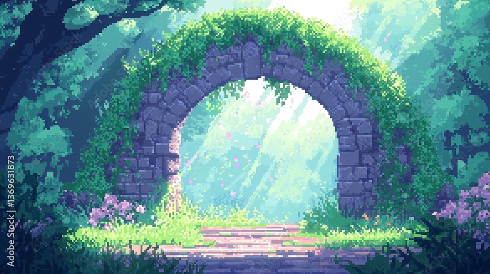 Pixel art enchanted forest glade, overgrown arch ruins, vibrant green and amber hues, serene floating pollen, tranquil birdsong, ideal for a fantasy RPG setting Pixel art enchanted forest glade, overgrown arch ruins, vibrant green and amber hues, serene floating pollen, tranquil birdsong, ideal for a fantasy RPG setting