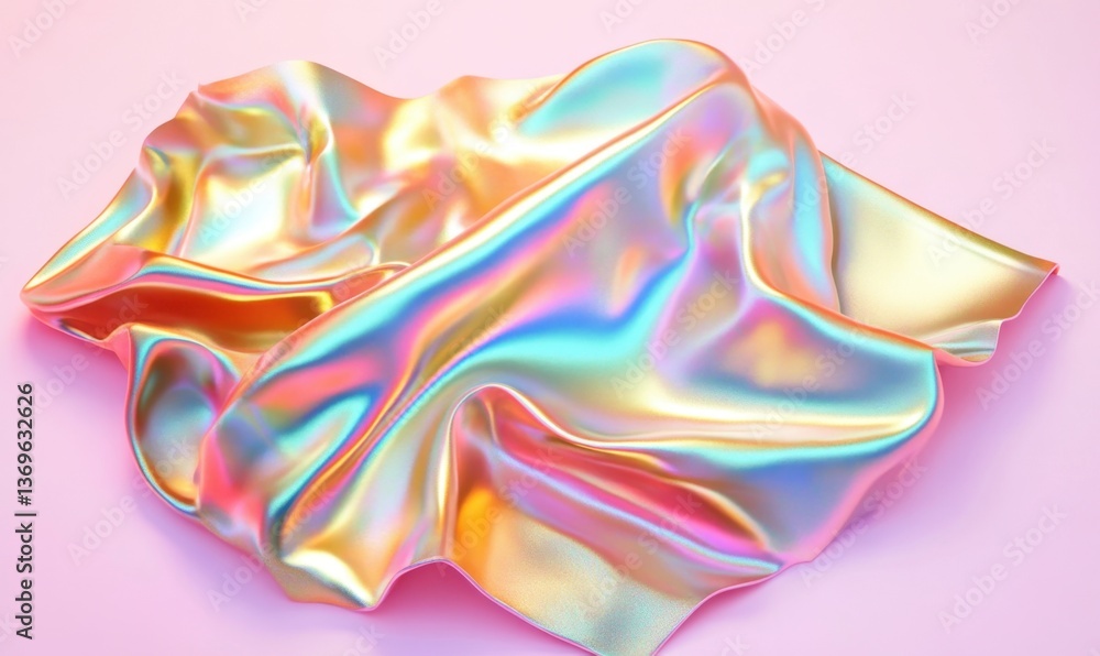Fototapeta premium Iridescent holographic cloth draped on pink, abstract background, ideal for luxury product showcase