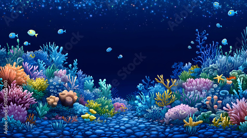 Vibrant Pixel Art of a Colorful Coral Reef Ecosystem with Varied Marine Life in Deep Blue Waters