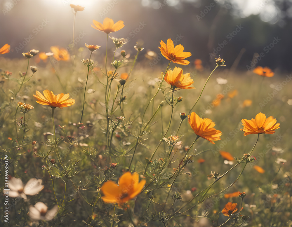 Obraz premium Yellow Wildflowers in Warm Sunlight