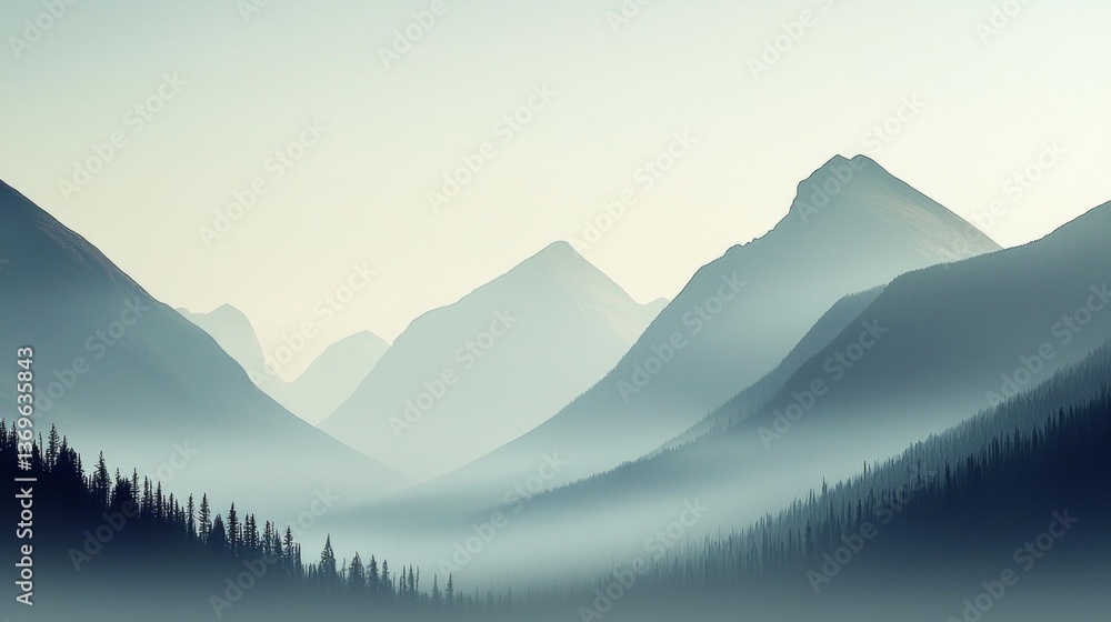 Naklejka premium Majestic Misty Mountains Bathed in Dawn Light