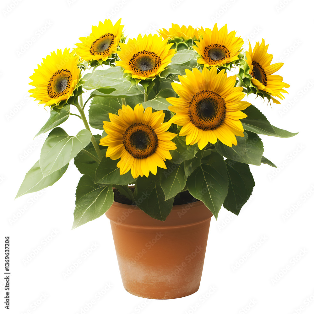 Obraz premium Vibrant yellow sunflowers in a terracotta pot on transparent background, concept for floral design, gardening, and summer themes
