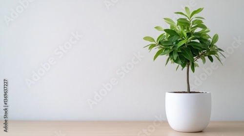 Wallpaper Mural Small plant in white pot on light wood table Torontodigital.ca