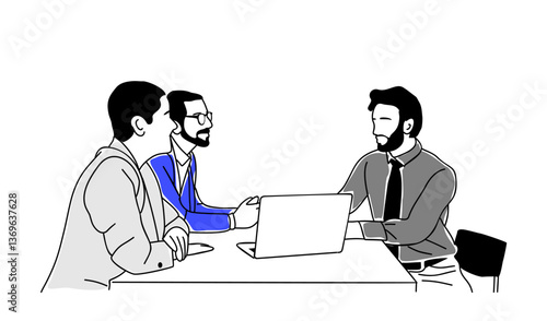 Financial advisor meeting with couple clients. Personal investment management, finance agent, money consultant. Outline, linear, thin line graphic vector illustration