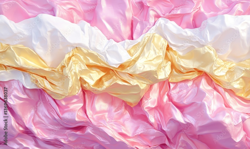 Pink, white, gold silk fabric draped background for celebration or fashion Pink, white, gold silk fabric draped background for celebration or fashion