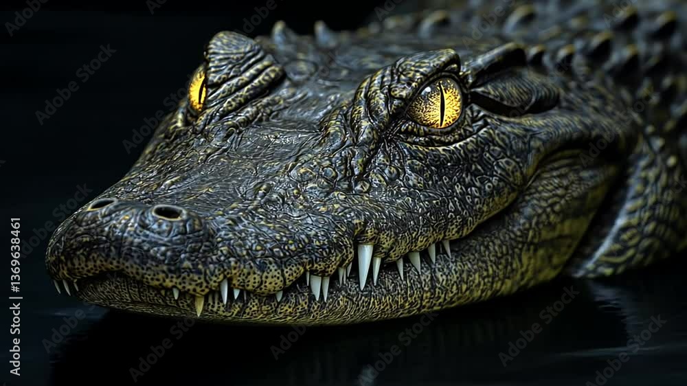 Detailed close up of an alligator's head showcasing its sharp teeth and scaly texture Detailed close up of an alligator's head showcasing its sharp teeth and scaly texture