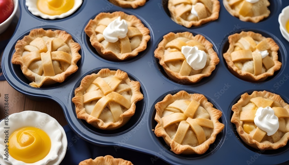 mini lattice pies fresh from the oven. golden-brown mini pies with lattice crust and whipped cream. delicious homemade mini pies on a baking tray. mini lattice pies fresh from the oven. golden-brown mini pies with lattice crust and whipped cream. delicious homemade mini pies on a baking tray.