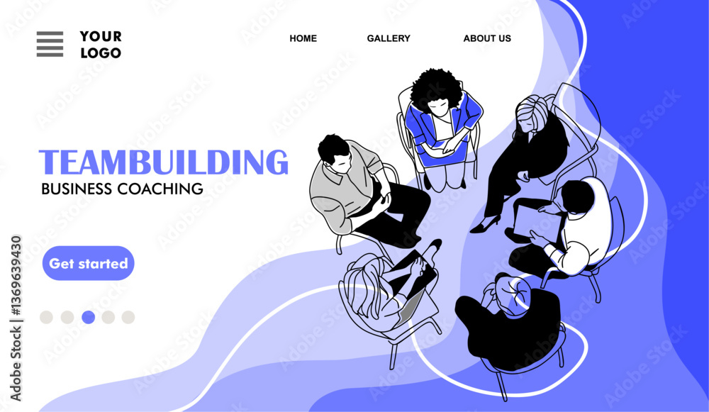 Obraz premium Teambuilding business coaching concept landing page. Website template with business team members, men and women sitting in circle top view. Outline vector sketch drawing in trendy purple colors.