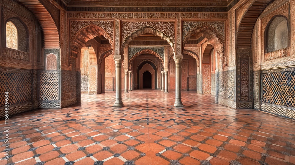 Obraz premium Palace hallway, intricate tilework, arched entryways, Moroccan architecture, historical interior design