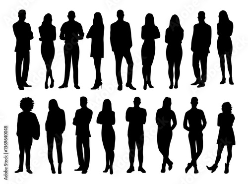 Silhouettes of diverse business people standing,  men, women full length. Business concept. Vector illustration isolated