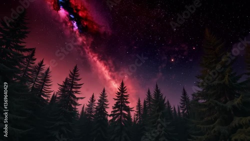 Majestic Night Sky over Pine Forest Pink Nebula and Starry Night Landscape