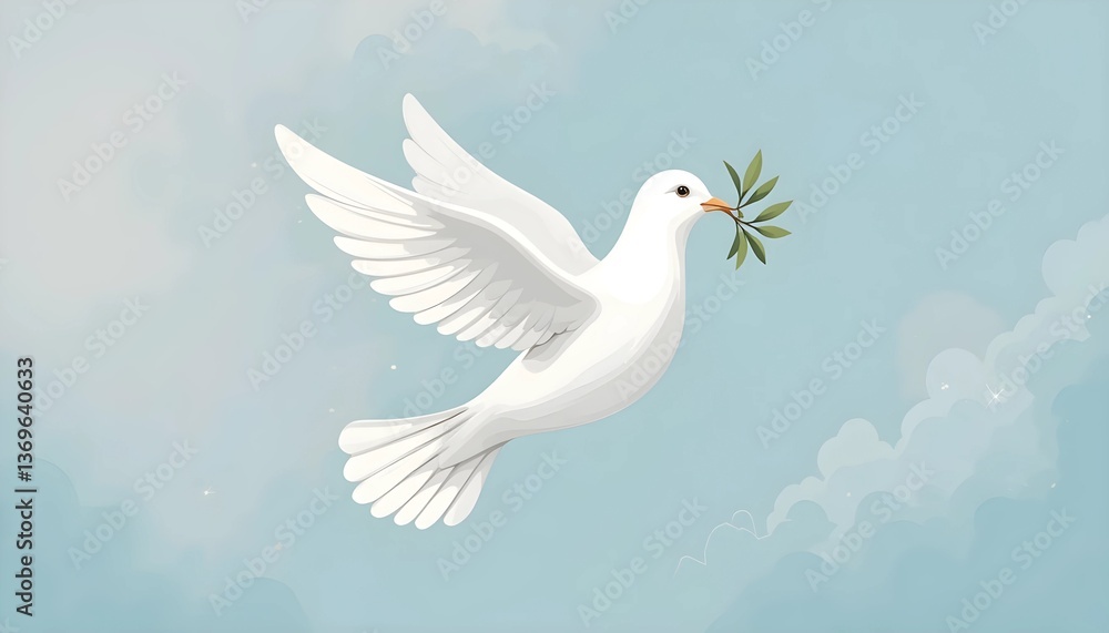 Fototapeta premium White dove carrying olive branch, flying peacefully against soft pastel background.
