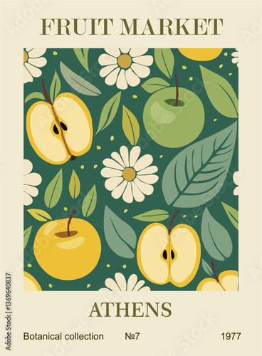 Abstract Fruit Market Athens retro poster. Trendy contemporary wall art with apple fruits design in green colors. Modern naive funky  interior painting. Vector art illustration