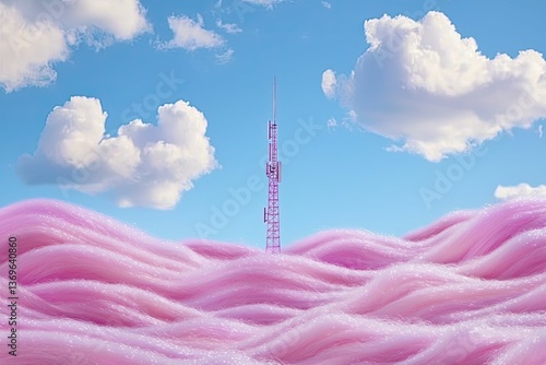 Exhibit a symmetrical layout of a broadband signal tower, surrounded by abstract fiber optic waves in soothing tones.
